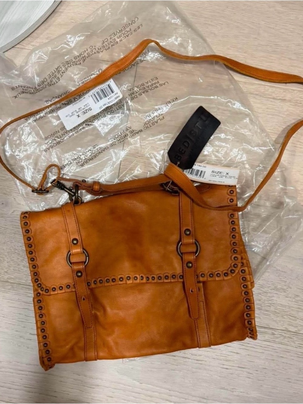 BED|STU Tan Leather Studded Messenger Bag with Adjustable Strap - Picture 12 of 12